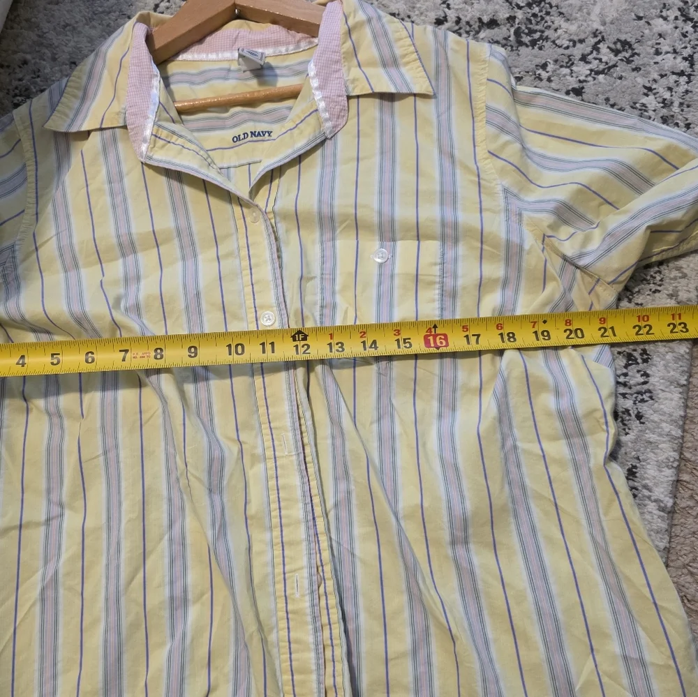 Y2k Old Navy Striped Button Up Collared Shirt Womens 1X Yellow Pink Blue Preppy - Picture 4 of 8